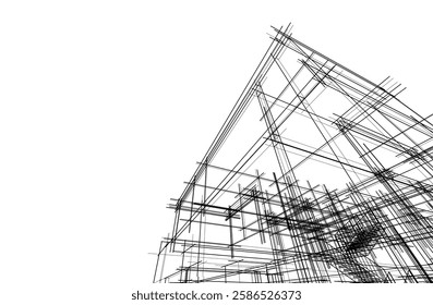 Vector Wireframe Architectural Drawing – Modern Building Sketch