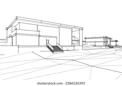 Vector Wireframe Architectural Drawing – Modern Building Sketch