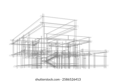 Vector Wireframe Architectural Drawing – Modern Building Sketch
