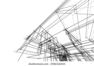 Vector Wireframe Architectural Drawing – Modern Building Sketch