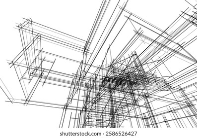 Vector Wireframe Architectural Drawing – Modern Building Sketch