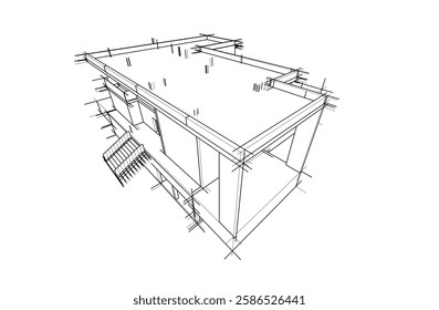 Vector Wireframe Architectural Drawing – Modern Building Sketch