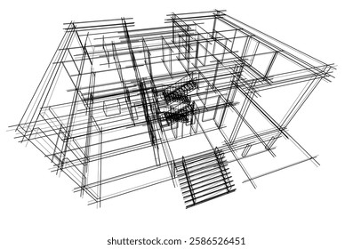 Vector Wireframe Architectural Drawing – Modern Building Sketch