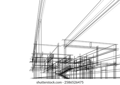 Vector Wireframe Architectural Drawing – Modern Building Sketch