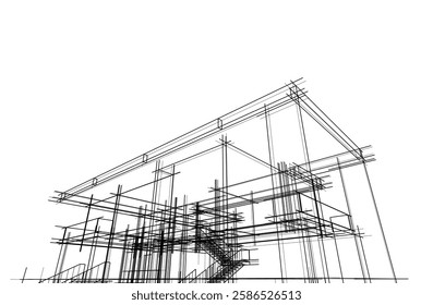 Vector Wireframe Architectural Drawing – Modern Building Sketch