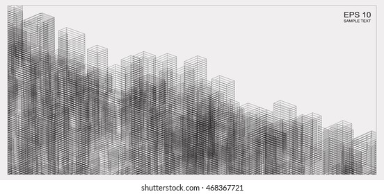 Vector wireframe city background of 3D building. Abstract construction graphic idea.