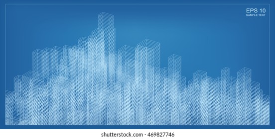 Vector wireframe city background of 3D building. Abstract construction graphic idea.