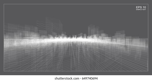 Vector Wireframe City Background. 3D Perspective Rendering.