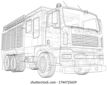 Vector Wire-frame Fire truck. The layers of visible and invisible lines are separated. EPS10 format. Vector created of 3d.