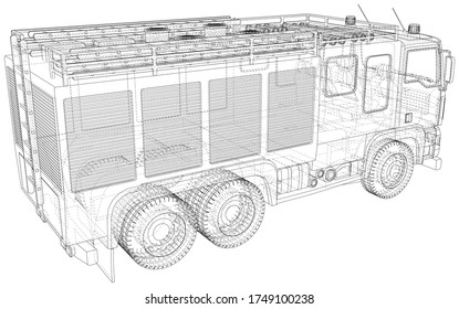 Vector Wire-frame Fire truck. The layers of visible and invisible lines are separated. EPS10 format. Vector created of 3d.