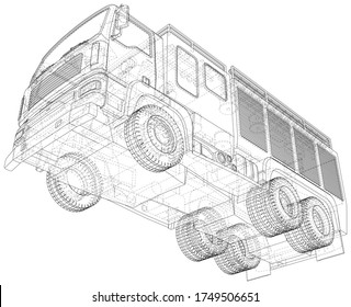 Vector Wire-frame Fire truck. The layers of visible and invisible lines are separated. EPS10 format. Vector created of 3d.