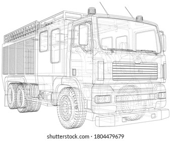 Vector Wire-frame Fire truck. The layers of visible and invisible lines are separated. EPS10 format. Vector created of 3d.