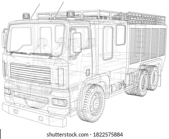 Vector Wire-frame Fire truck. The layers of visible and invisible lines are separated. EPS10 format. Vector created of 3d.