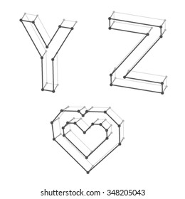 vector wireframe font alphabet letters Y Z heart