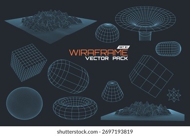 Vector Wireframe Graphics Pack with Various 3D Geometric Shapes and Terrains