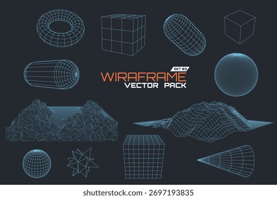 Vector Wireframe Graphics Pack with Various 3D Geometric Shapes and Terrains