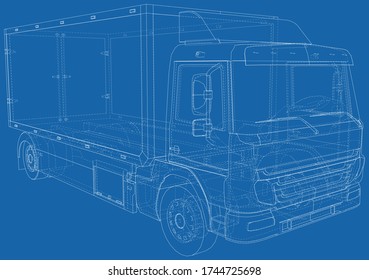 Vector Wire-frame isolated Commercial van truck on background. Vector rendering of 3d.