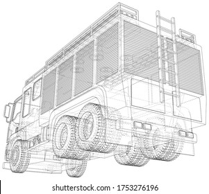 Vector Wire-frame isolated Fire truck on background. Vector rendering of 3d.