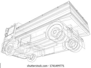 Vector Wire-frame isolated Flatbed truck on background. Vector rendering of 3d.