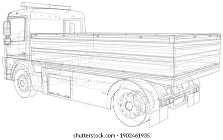 Vector Wire-frame isolated Flatbed truck on background. Vector rendering of 3d.