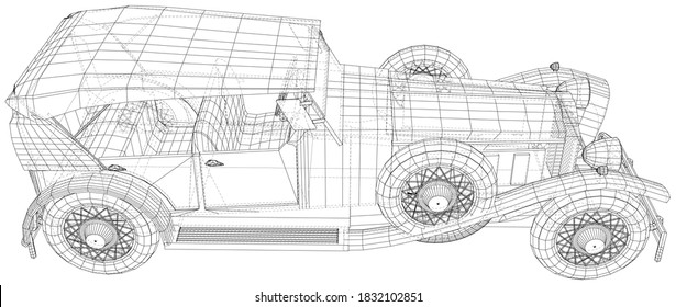 Vector Wire-frame isolated Retro car on background. Vector rendering of 3d.