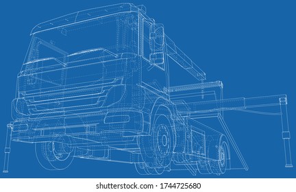 Vector Wire-frame isolated tow truck on background. Vector rendering of 3d.