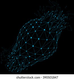 Vector wireframe luminescent shine object with blue connected dotted lines, demolished shape with refractions and wreckage. Dimensional mesh global technology element broken into particles.