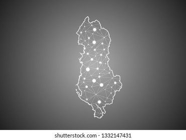 Vector wireframe mesh polygonal of albania map. Abstract global connection structure. Map connected with lines and dots. Geometric world concept.  digital data visualization, infographics.