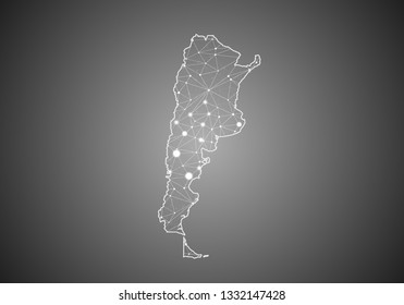 Vector wireframe mesh polygonal of argentina map. Abstract global connection structure. Map connected with lines and dots. Geometric world concept.  digital data visualization, infographics.