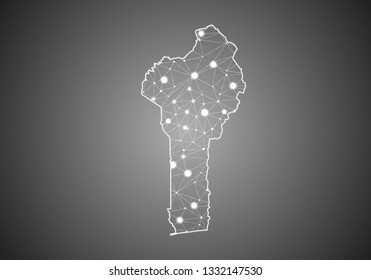 Vector wireframe mesh polygonal of benin map. Abstract global connection structure. Map connected with lines and dots. Geometric world concept.  digital data visualization, infographics.