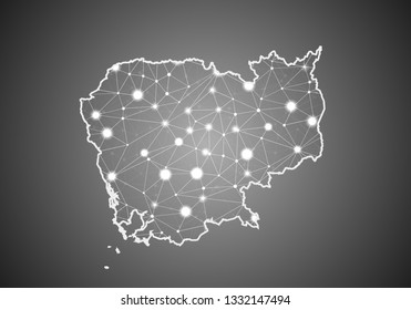 Vector wireframe mesh polygonal of cambodia map. Abstract global connection structure. Map connected with lines and dots. Geometric world concept.  digital data visualization, infographics.