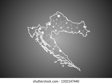 Vector wireframe mesh polygonal of croatia map. Abstract global connection structure. Map connected with lines and dots. Geometric world concept.  digital data visualization, infographics.