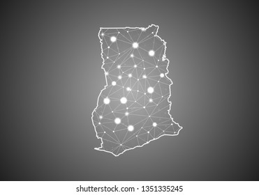 Vector wireframe mesh polygonal of ghana map. Abstract global connection structure. Map connected with lines and dots. Geometric world concept.  digital data visualization, infographics.