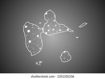 Vector wireframe mesh polygonal of guadeloupe map. Abstract global connection structure. Map connected with lines and dots. Geometric world concept.  digital data visualization, infographics.