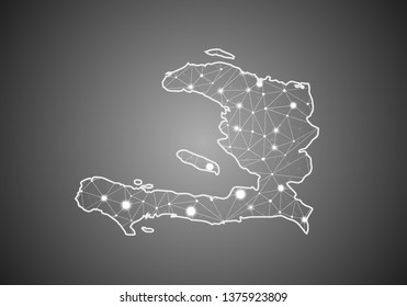 Vector wireframe mesh polygonal of haiti map. Abstract global connection structure. Map connected with lines and dots. Geometric world concept. digital data visualization, infographics.