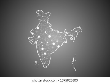 Vector wireframe mesh polygonal of india map. Abstract global connection structure. Map connected with lines and dots. Geometric world concept. digital data visualization, infographics.