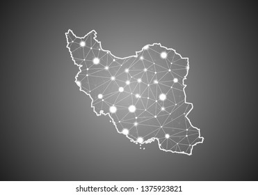 Vector wireframe mesh polygonal of iran map. Abstract global connection structure. Map connected with lines and dots. Geometric world concept. digital data visualization, infographics.