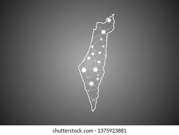 Vector wireframe mesh polygonal of israel Palestine map. Abstract global connection structure. Map connected with lines and dots. Geometric world concept. digital data visualization, infographics.