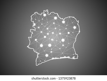Vector wireframe mesh polygonal of ivory Coast map. Abstract global connection structure. Map connected with lines and dots. Geometric world concept. digital data visualization, infographics.