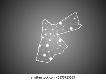 Vector wireframe mesh polygonal of jordan map. Abstract global connection structure. Map connected with lines and dots. Geometric world concept. digital data visualization, infographics.