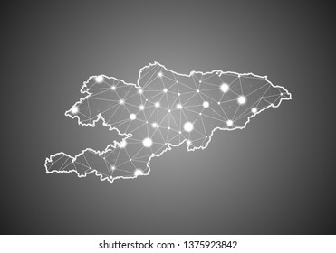 Vector wireframe mesh polygonal of kyrgyzstan map. Abstract global connection structure. Map connected with lines and dots. Geometric world concept. digital data visualization, infographics.