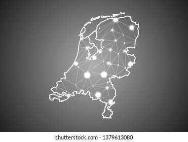 Vector wireframe mesh polygonal of netherlands map. Abstract global connection structure. Map connected with lines and dots. Geometric world concept. digital data visualization, infographics.
