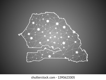 Vector wireframe mesh polygonal of senegal map. Abstract global connection structure. Map connected with lines and dots. Geometric world concept. digital data visualization, infographics.