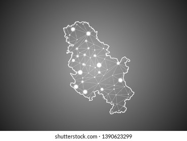 Vector wireframe mesh polygonal of serbia No Kosovo map. Abstract global connection structure. Map connected with lines and dots. Geometric world concept. digital data visualization, infographics.