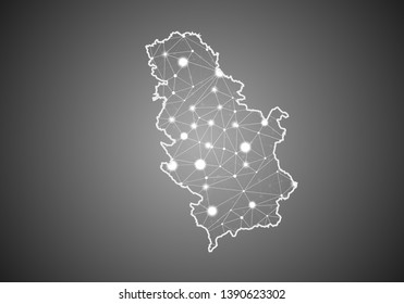 Vector wireframe mesh polygonal of Serbia map. Abstract global connection structure. Map connected with lines and dots. Geometric world concept. digital data visualization, infographics.