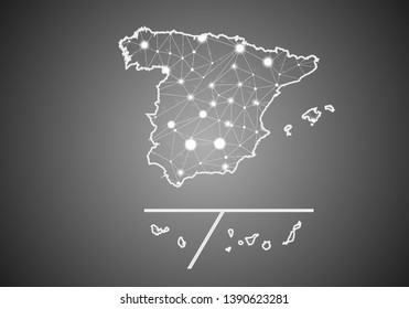 Vector wireframe mesh polygonal of spain Provinces map. Abstract global connection structure. Map connected with lines and dots. Geometric world concept. digital data visualization, infographics.
