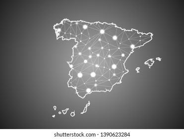 Vector wireframe mesh polygonal of spain map. Abstract global connection structure. Map connected with lines and dots. Geometric world concept. digital data visualization, infographics.