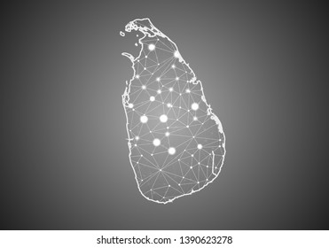 Vector wireframe mesh polygonal of sri Lanka map. Abstract global connection structure. Map connected with lines and dots. Geometric world concept. digital data visualization, infographics.
