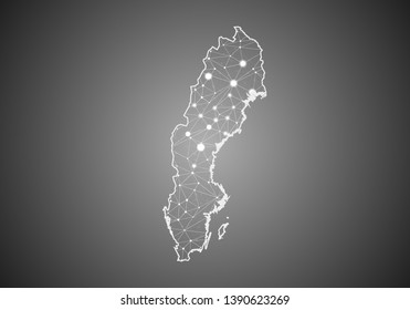 Vector wireframe mesh polygonal of sweden map. Abstract global connection structure. Map connected with lines and dots. Geometric world concept. digital data visualization, infographics.