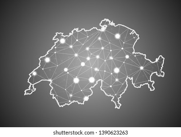Vector wireframe mesh polygonal of switzerland map. Abstract global connection structure. Map connected with lines and dots. Geometric world concept. digital data visualization, infographics.